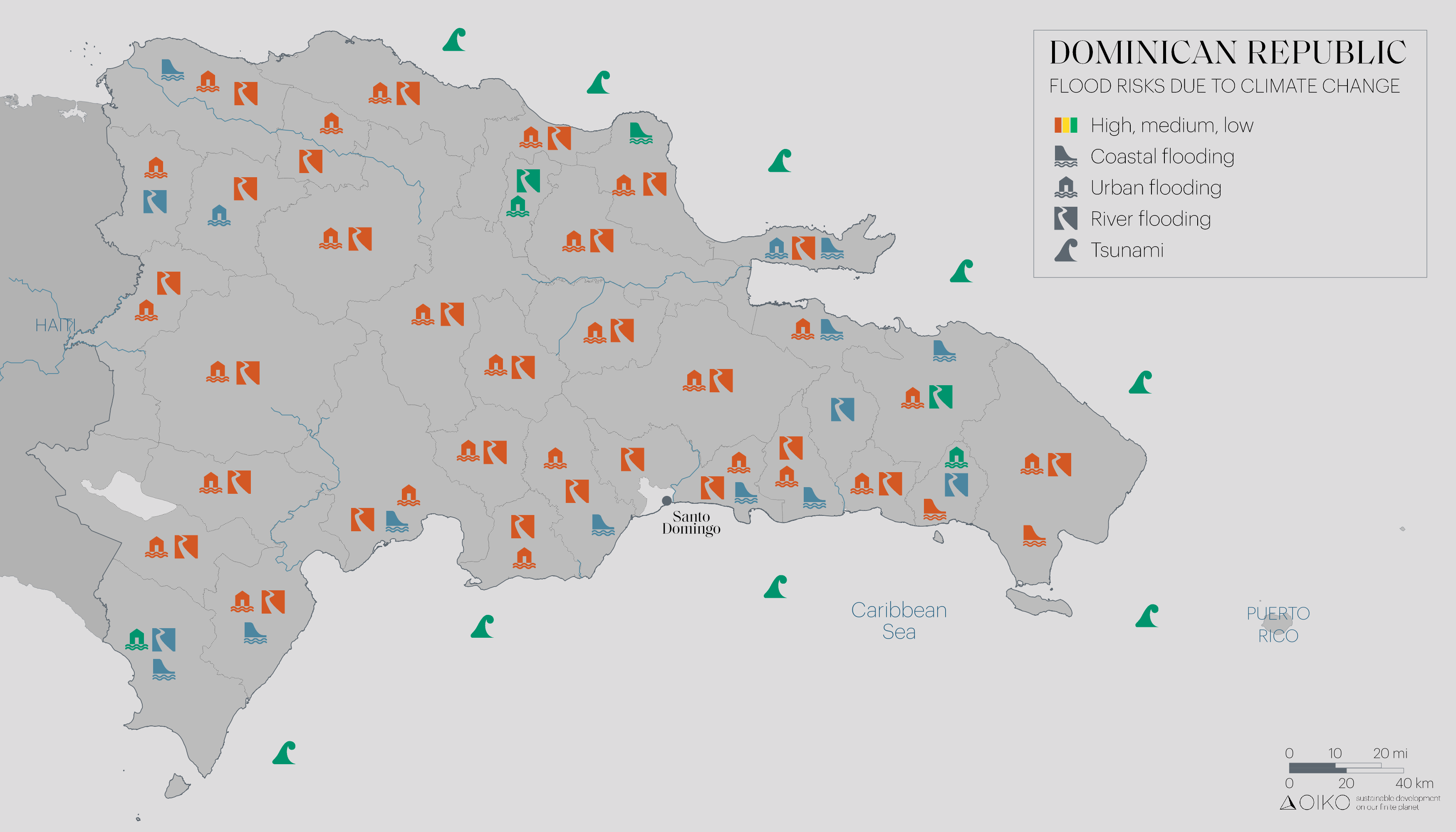 Map showing the flood risks due to climate change in the Dominican Republic.